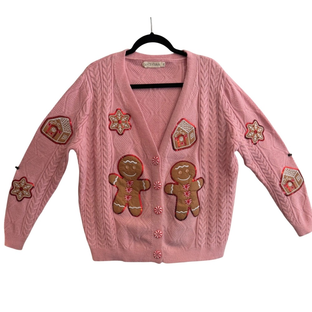 Grace + Emma Cardigan Womens L/XL Pink Gingerbread Sequin Ugly Christmas Sweater